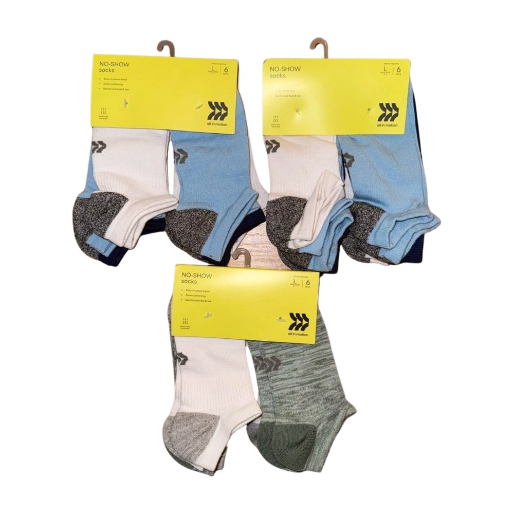All in Motion Kids No Show Socks Bundle (3 Packs / 18 Pairs) Size L 3–7